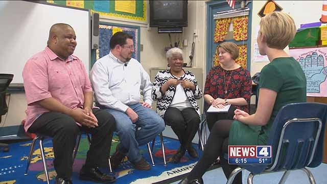 Leaster Arps-Widmark (second from the right) was re-united with many of her former students at Griffith Elementary School. Credit: KMOV